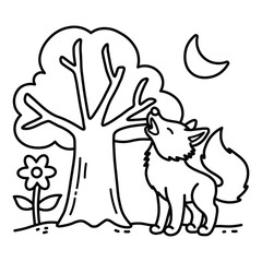 Woodland Escape Coloring Book, bold and easy coloring pages, animals line art, Night Wolf, Wolf and Tree, Woodland Animals, 