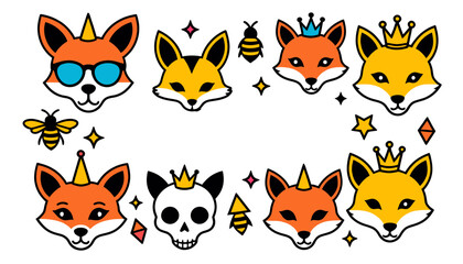 Fototapeta premium Cute Fox Heads Collection_Cartoon Foxes with Crowns and Accessories_Vector Illustration for Kids Designs_Animal Faces for Stickers and Prints_Isolated on White Background