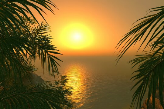 Serene sunset view framed by palm fronds, reflecting on calm ocean waters