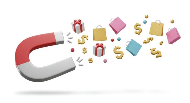 Magnet attracting money and shopping items with colorful design  