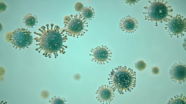 Animated viruses and bacteria floating in fluid, microscope view