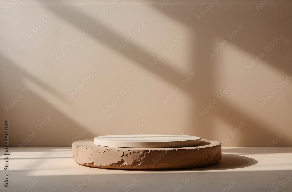 Aufkleber a minimalist beige platform sits on a pale surface, bathed in sunlight streaming through a window. t