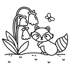 Woodland Escape Coloring Book, bold and easy coloring pages, animals line art, Raccon With Flowers, Raccon, Woodland Animals, 