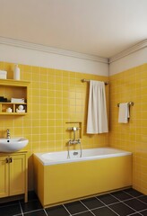 Bathroom with black tiles, yellow sink, white faucet, yellow cabinet, yellow shelf, yellow ceiling, and yellow bathtub