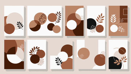 Fototapeta na wymiar Minimalist Abstract Art Prints Set_Modern Geometric Wall Decor with Earth Tones_Boho Botanical Illustration for Home or Office_Set of 10 Artworks