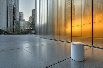 A white cylindrical object sits in front of a building with large glass windows reflecting a sunset