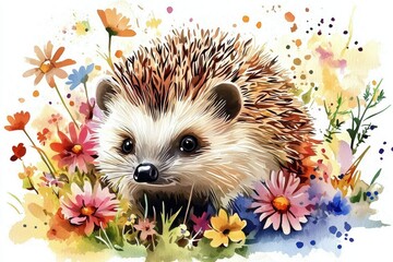 Delightful watercolor art capturing a hedgehog amidst vibrant flowers