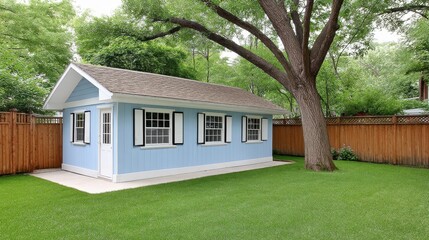 Obraz premium Light Blue Shed in Green Backyard with Large Tree
