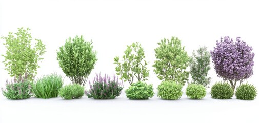 Obraz premium Lush Green and Purple Shrubs Collection on White