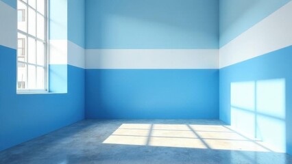 Fototapeta premium A minimalist room with blue and white striped walls and a concrete floor. Sunlight streams through the window, casting shadows on the floor. The room is a perfect backdrop for a variety of subjects