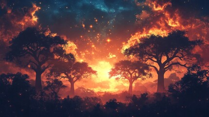 Fototapeta premium Fiery Sunset Landscape with Silhouetted Trees