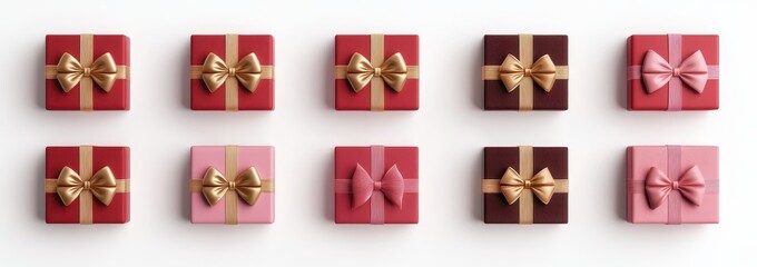 Eight small gifts wrapped in red, pink, and brown paper with gold ribbons, arranged in a row on a white background