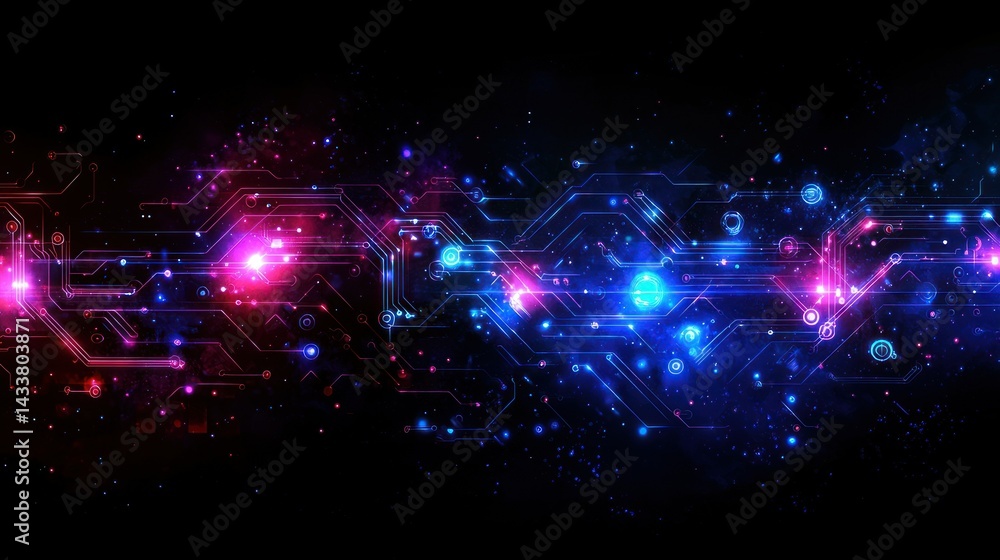 Aufkleber abstract digital circuitry: neon glowing lines and nodes in a dark space