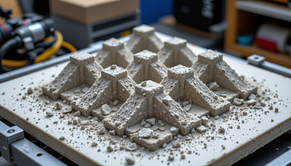 detailed view of textured concrete structure with scattered debris, showcasing innovative design