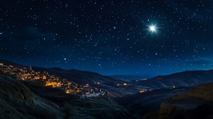 Starlit night, village valley, bright star, holiday card