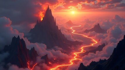 Volcanic Sky Archipelago with Lava Falls