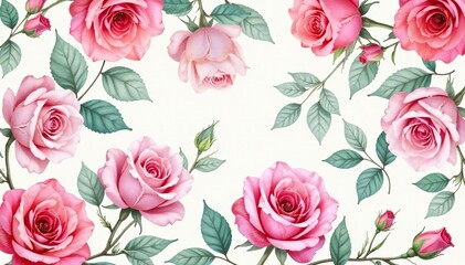 Delicate watercolor roses, leaves & buds create a romantic, repeating pattern , floral design, floral, flower