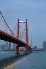 Night view of the Yingwuzhou Yangtze River Bridge, taken in Wuhan, Hubei, China