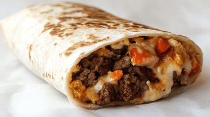 A delicious beef burrito is wrapped in a warm tortilla, filled with melted cheese, seasoned ground beef, and fresh vegetables, perfect for a quick meal