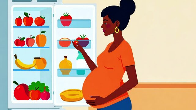 Young pregnant woman standing in front of an open refrigerator with fresh products, cartoon vector style. Concept of a healthy lifestyle in anticipation of the birth of the child and proper nutrition 
