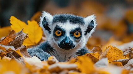 Obraz premium Cute lemur in autumn leaves (1)