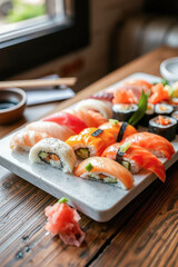 Assortment of Colorful Sushi on Marble Tray