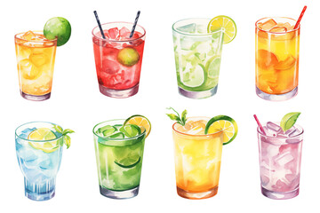 Watercolor illustration of eight colorful cocktails with lime and ice on a transparent background png