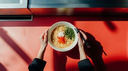 Overhead view of a chef preparing ramen with chopsticks at a vibrant red food truck counter, garnished with green onions and toppings during a summer market