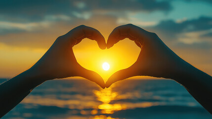 Two hands create a heart shape, framing a beautiful sunset over the water. The sky glows with golden hues as waves gently lap at the shore