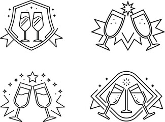 Clinking Champagne Glasses Badge Icons – Line Art Vector Set, Elegant Celebration Icons – Champagne Toast Line Illustrations, Cheers Logo Collection – Black Line Badge Icons Vector.