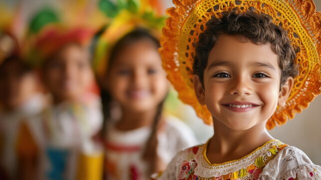 Diverse kids in traditional Festa Junina outfits smile and dance in a festive, playful Brazilian celebration setting