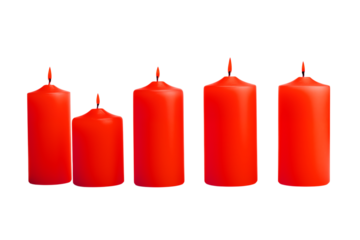 A group of five red candles of varying heights burning against a transparent background in a row png