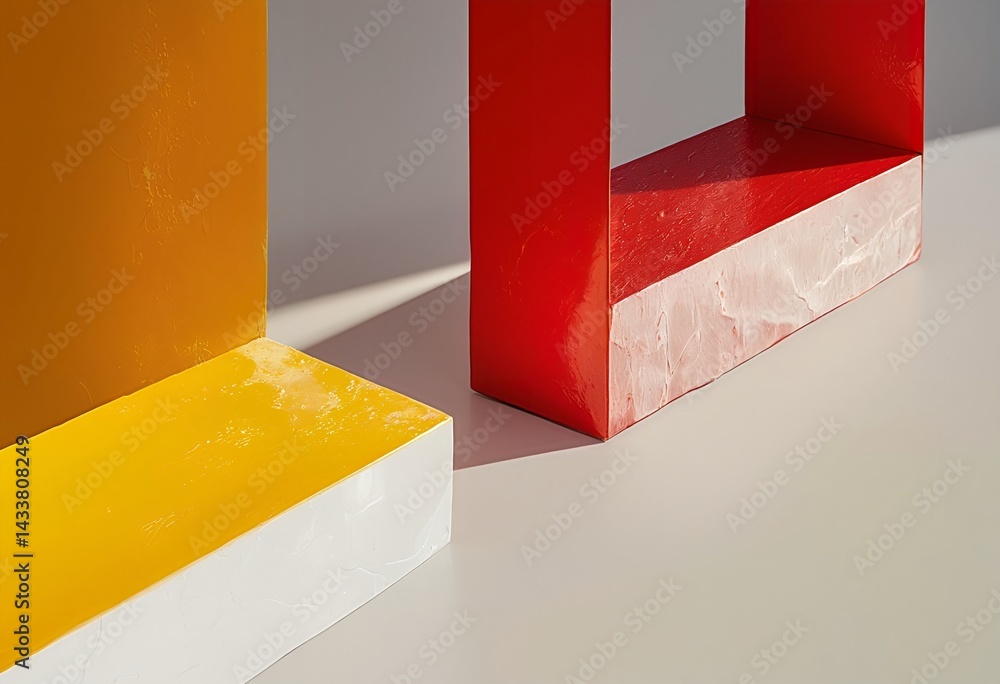 Poster a minimalist composition featuring textured, brightly colored geometric forms casting soft shadows o