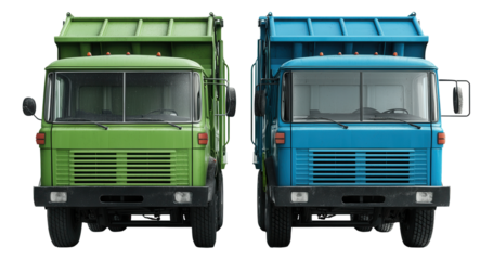 Green and blue garbage trucks parked side by side facing forward.
