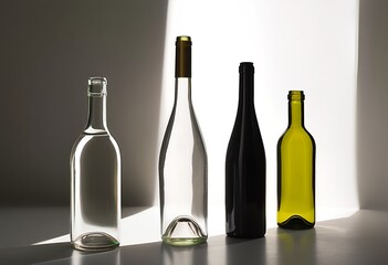 a still life featuring four empty glass bottles illuminated by strong directional light creating dramatic shadows and highlights.