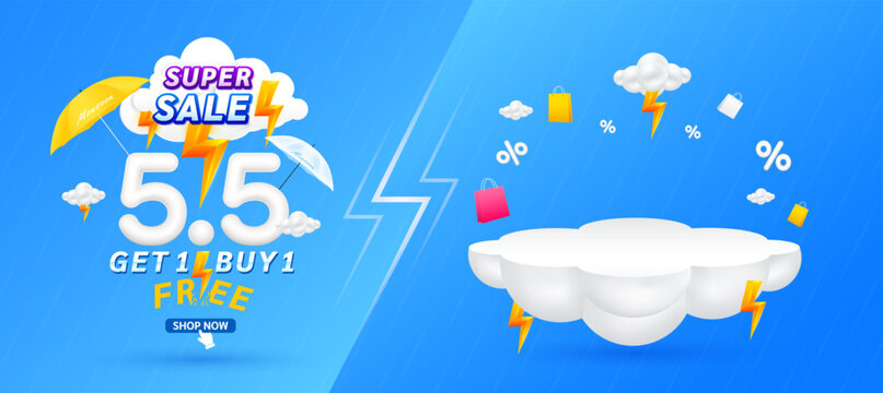 5.5 Monsoon super sale. Get 1 Buy 1 Free. Shopping under umbrella in rain with special offer sale campaign promotion. For ads with blank product podium scene yellow thunder on clouds. 3D Vector.