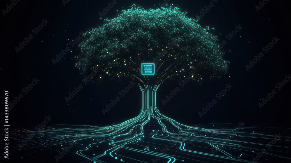 Poster digital tree connections expand with a chip in the trunk, in a dark background