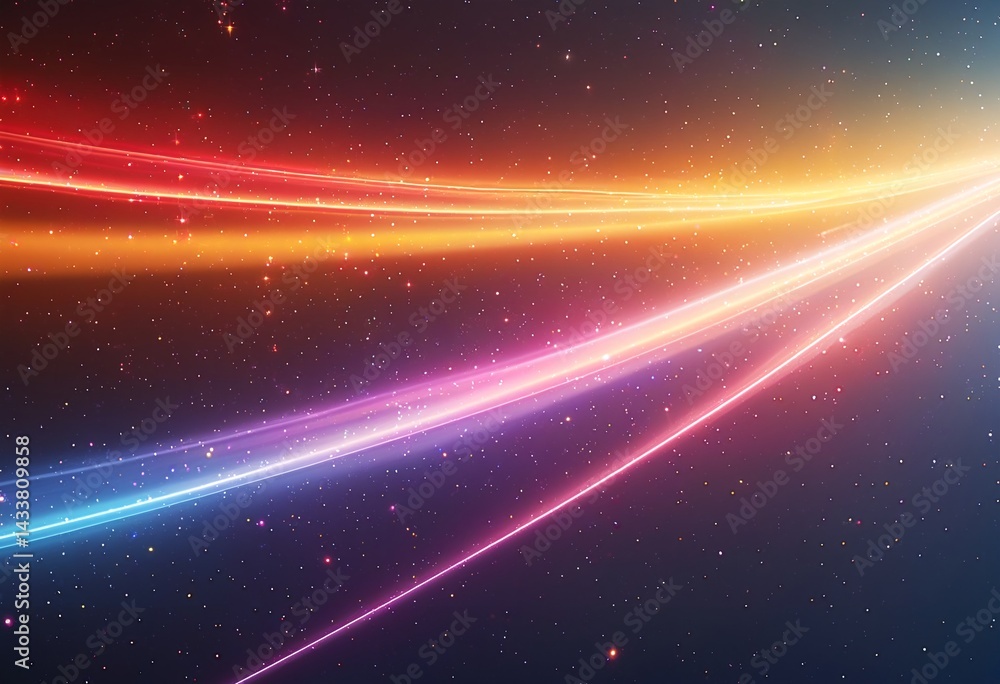 Poster a vibrant and colorful abstract cosmic display features sweeping lines of light across a speckled da