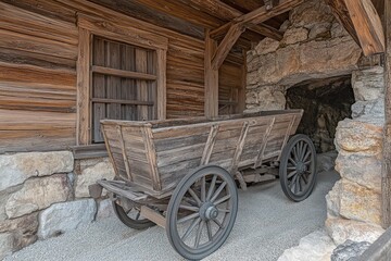 Obraz premium Rustic wooden wagon rests in aged stone building