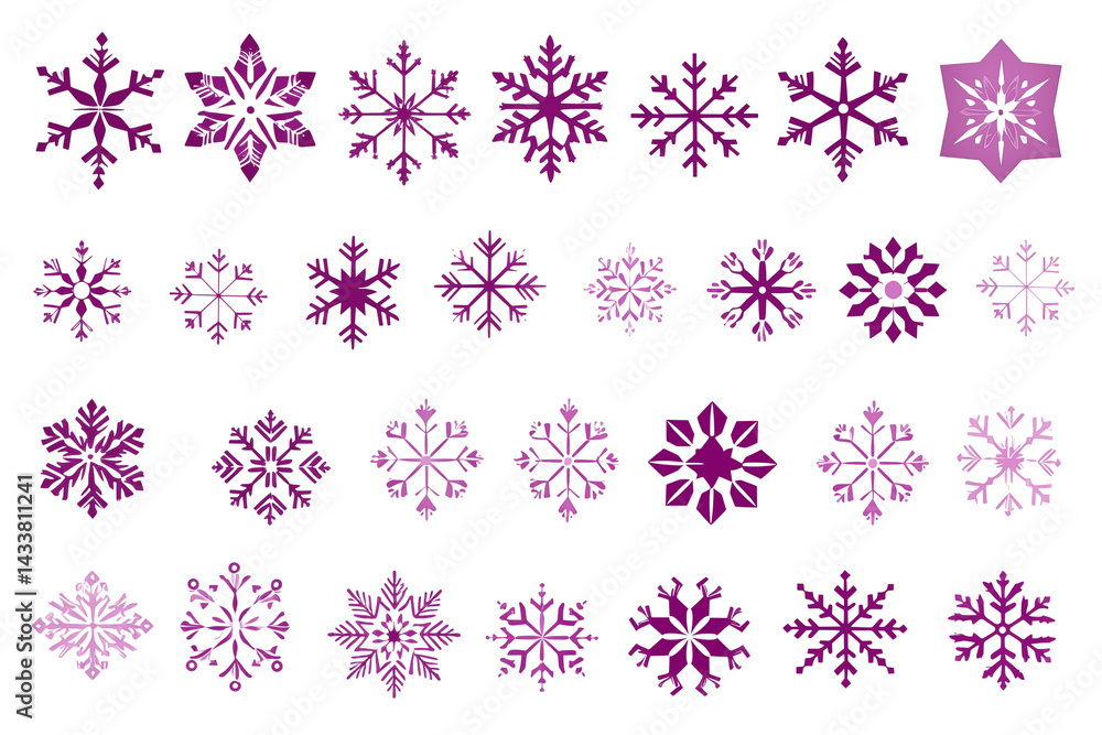 Poster a collection of purple snowflakes arranged in a grid pattern on a transparent background image desig