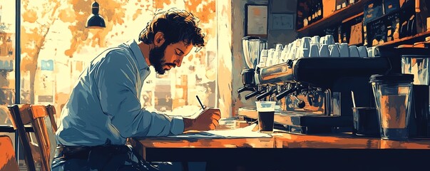 An entrepreneur sits at a coffee shop, sketching innovative ideas on a napkin, showcasing creativity and ambition in a casual setting.