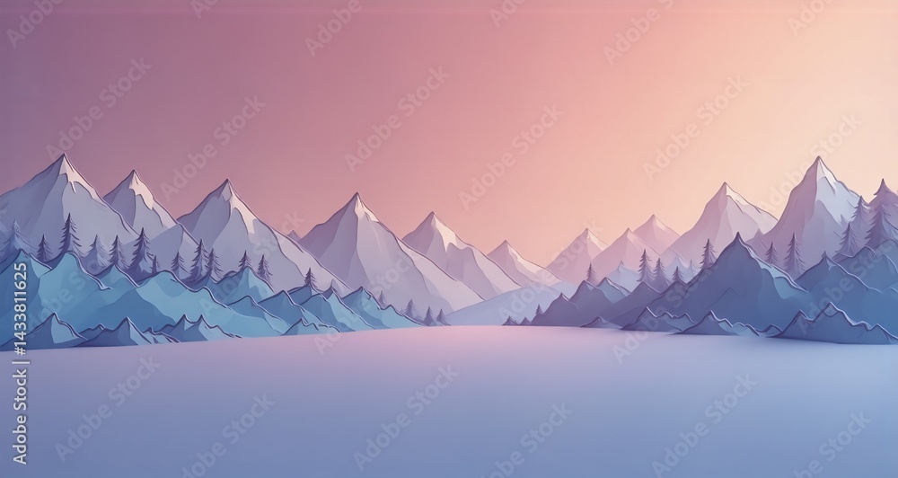 Poster A pastel-colored landscape featuring snow-capped mountains with low-poly style, trees are also present in the snowy environment with soft light and shadows creating depth.