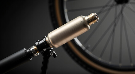CO2 cartridge inserted into a bike tire inflator against dark background  