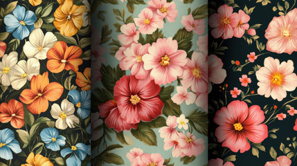 Vibrant floral fabric pattern featu detailed hibiscus and other tropical flowers in various colors on dark backgrounds suitable for textiles and design projects