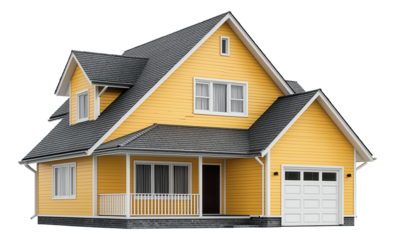 Yellow two-story house with a gabled roof, attached garage, and front porch.