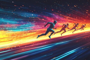 Runners racing, cosmic background, speed, competition