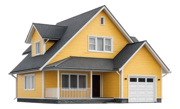 Yellow two-story house with a gabled roof, attached garage, and front porch.