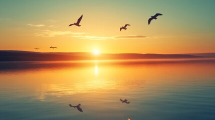 Fototapeta premium Birds Flying Over Calm Ocean at Sunset