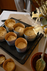 group of uncooked unbaked panettone sweet milanese italian chrstmas cake. Homemade Easter bread.Happy Easter	