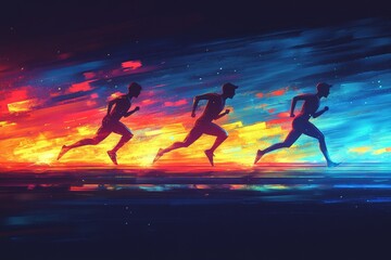 Obraz premium Runners race at night, fiery background, competition